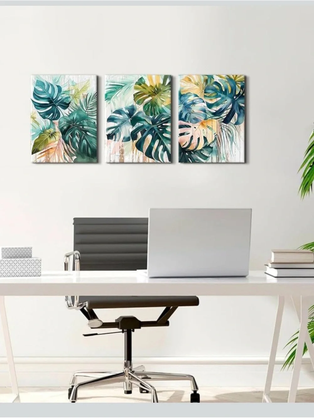 🆕 set of 3 12in x 16in Tropical Monstera Triptych Wall Art - Teal & Coral
